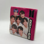 BTS artwork printed on square travertine stone coaster