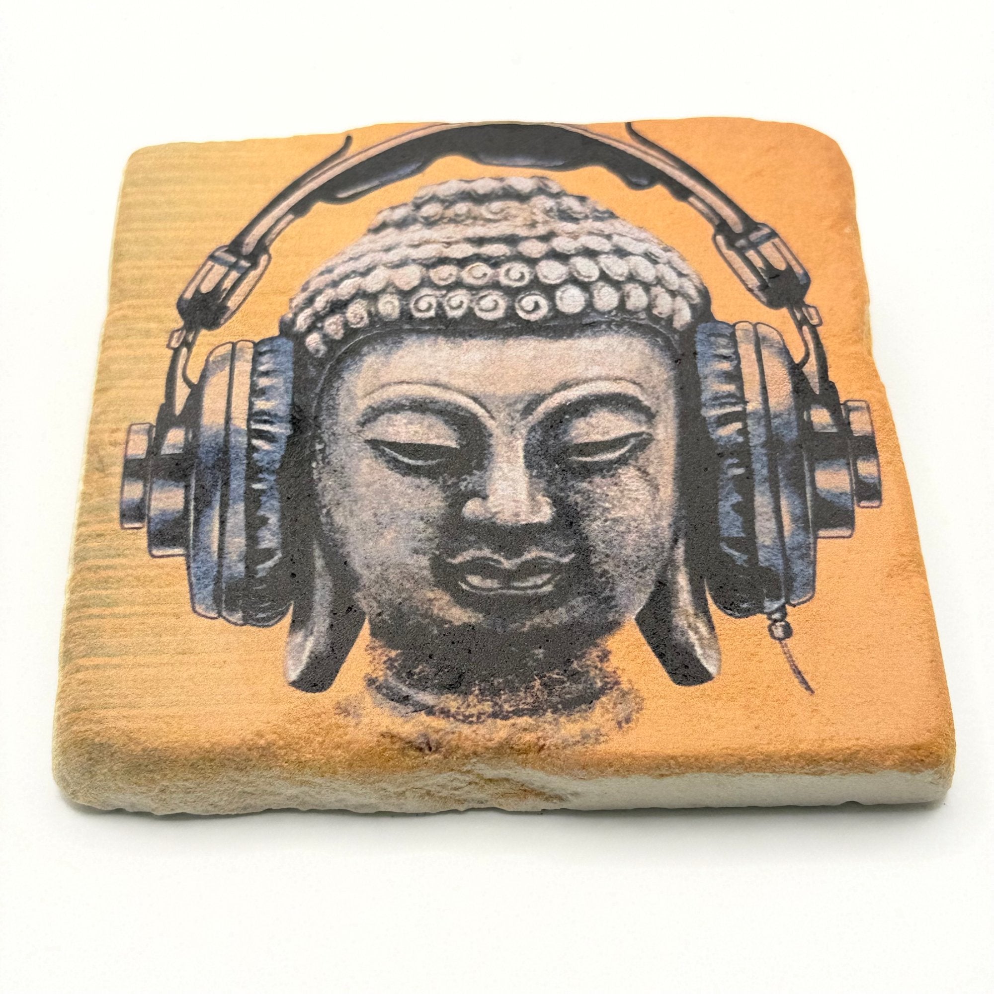 Buddha headphone artwork printed on square travertine stone coaster