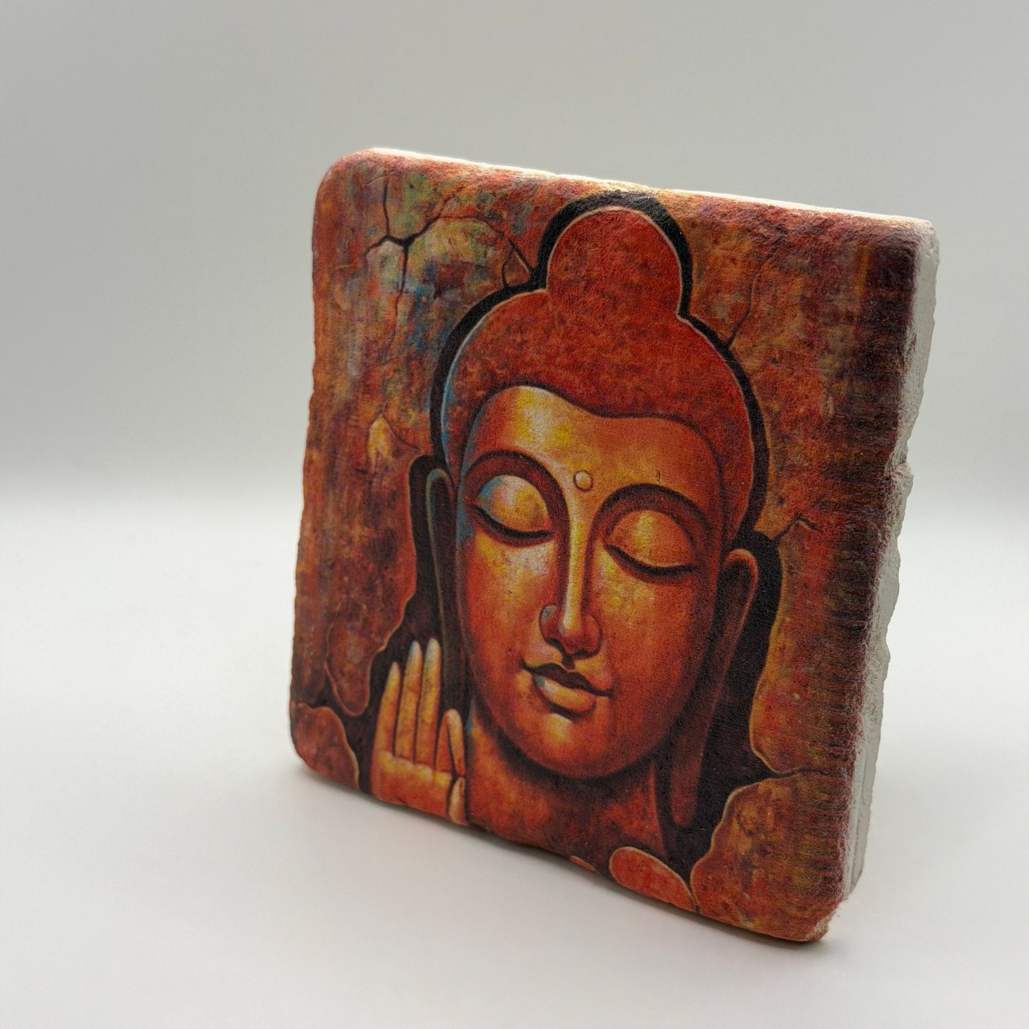 Buddha painting printed on square travertine stone coaster