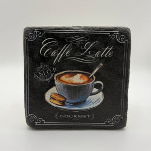 Caffe Latte artwork printed on square travertine stone coaster