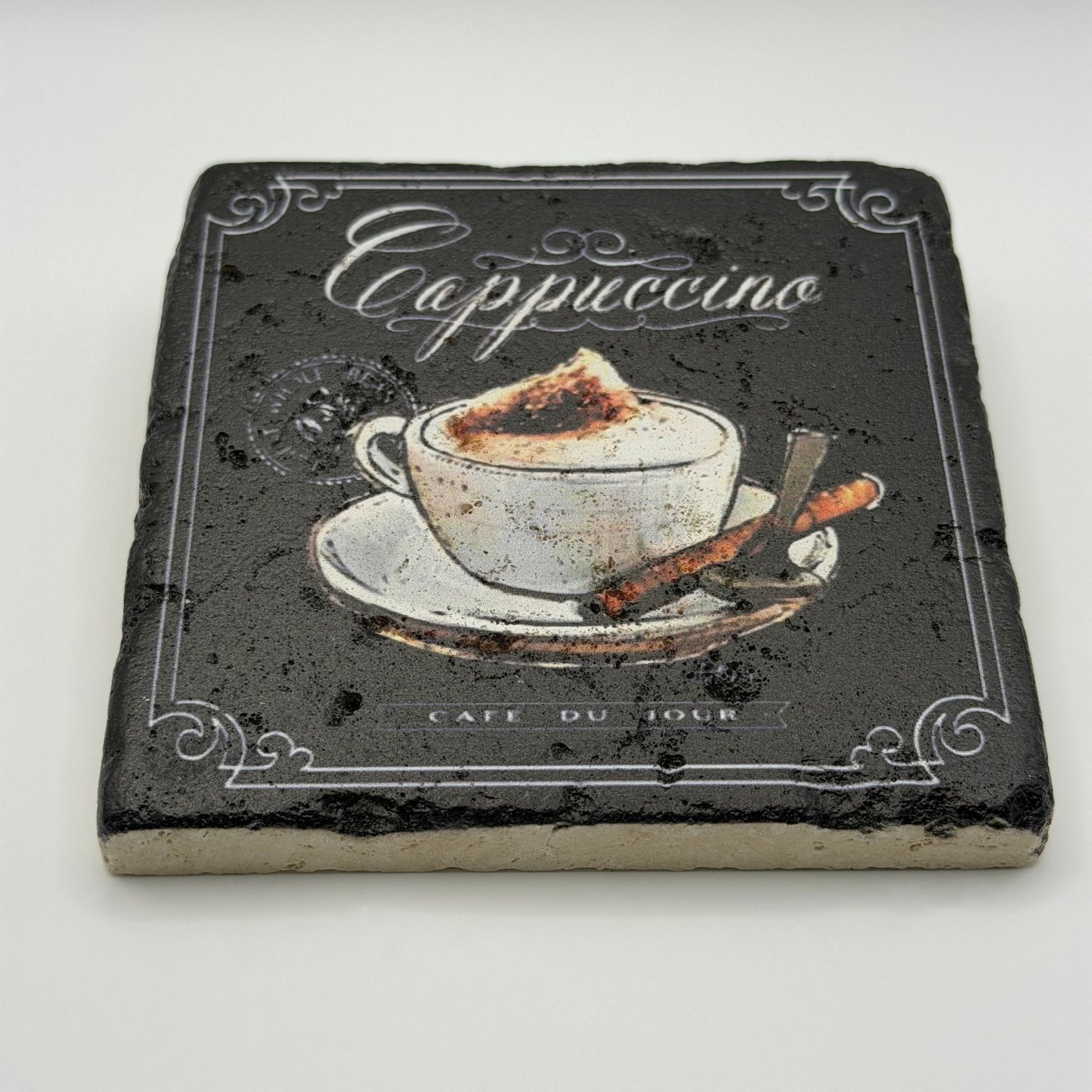 Cappuccino design printed on square travertine stone coaster