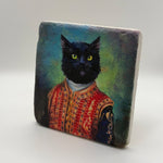 Black cat artwork printed on square travertine stone coaster