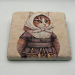 Cat Dressed As Woman artwork printed on premium natural travertine stone coaster