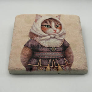 Cat Dressed As Woman artwork printed on premium natural travertine stone coaster