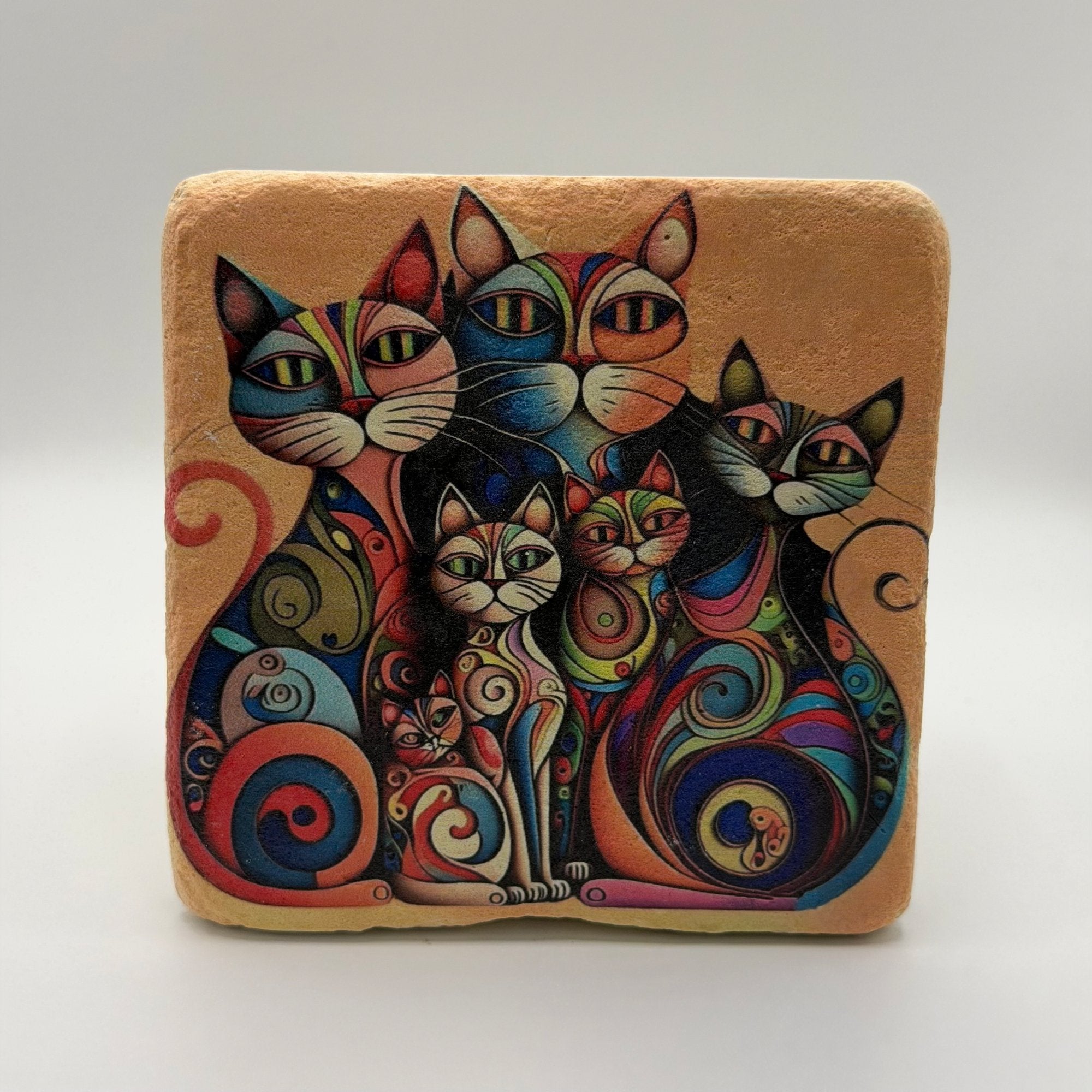 Cat family artwork printed on square travertine stone coaster