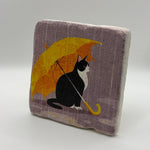Cat umbrella artwork printed on square travertine stone coaster