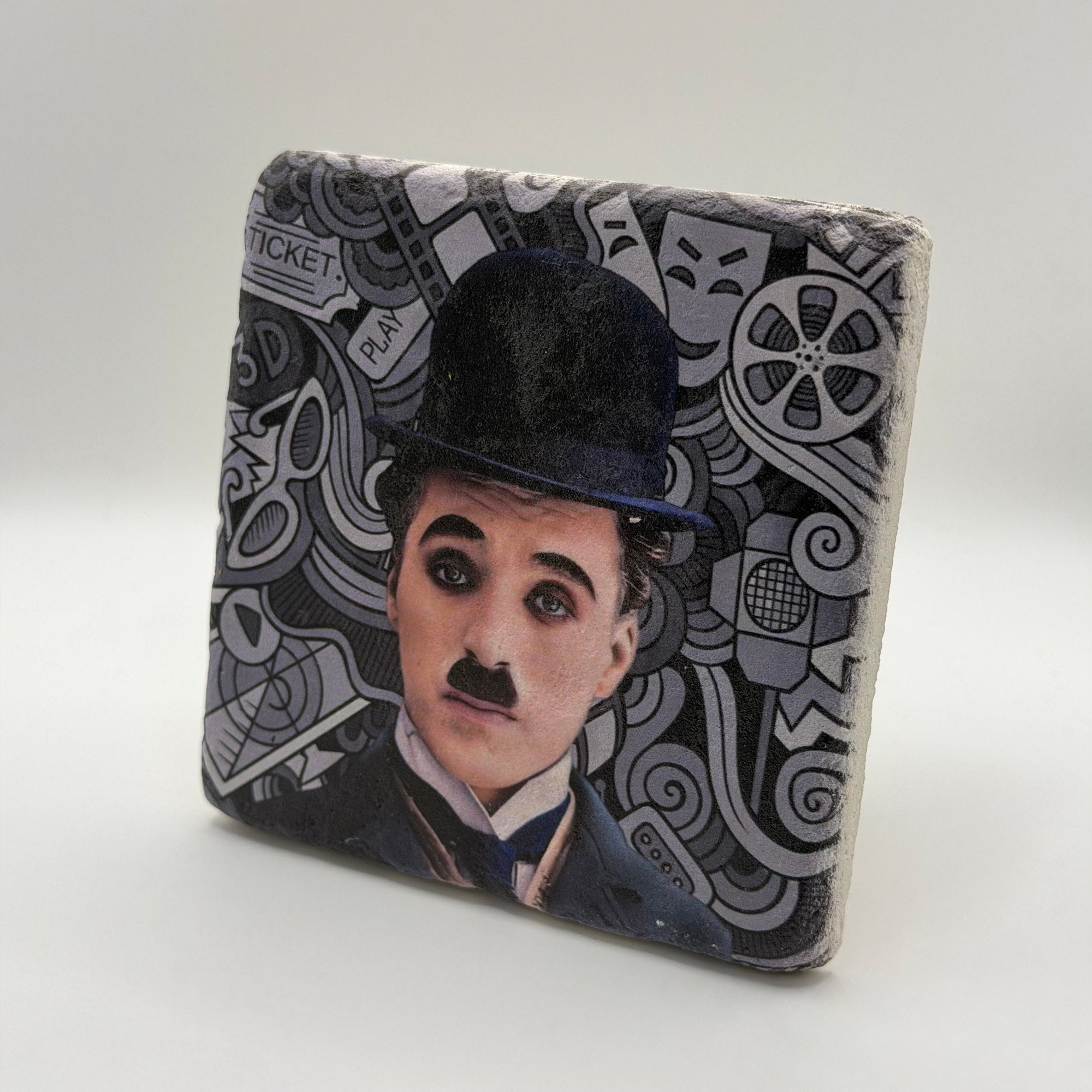 Charlie Chaplin artwork printed on square natural travertine stone coaster