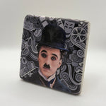 Charlie Chaplin portrait printed on square travertine stone coaster