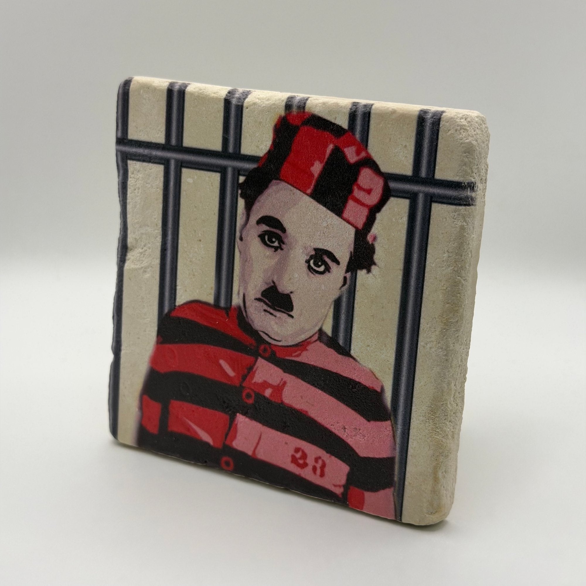 Charlie Chaplin artwork printed on square travertine stone coaster