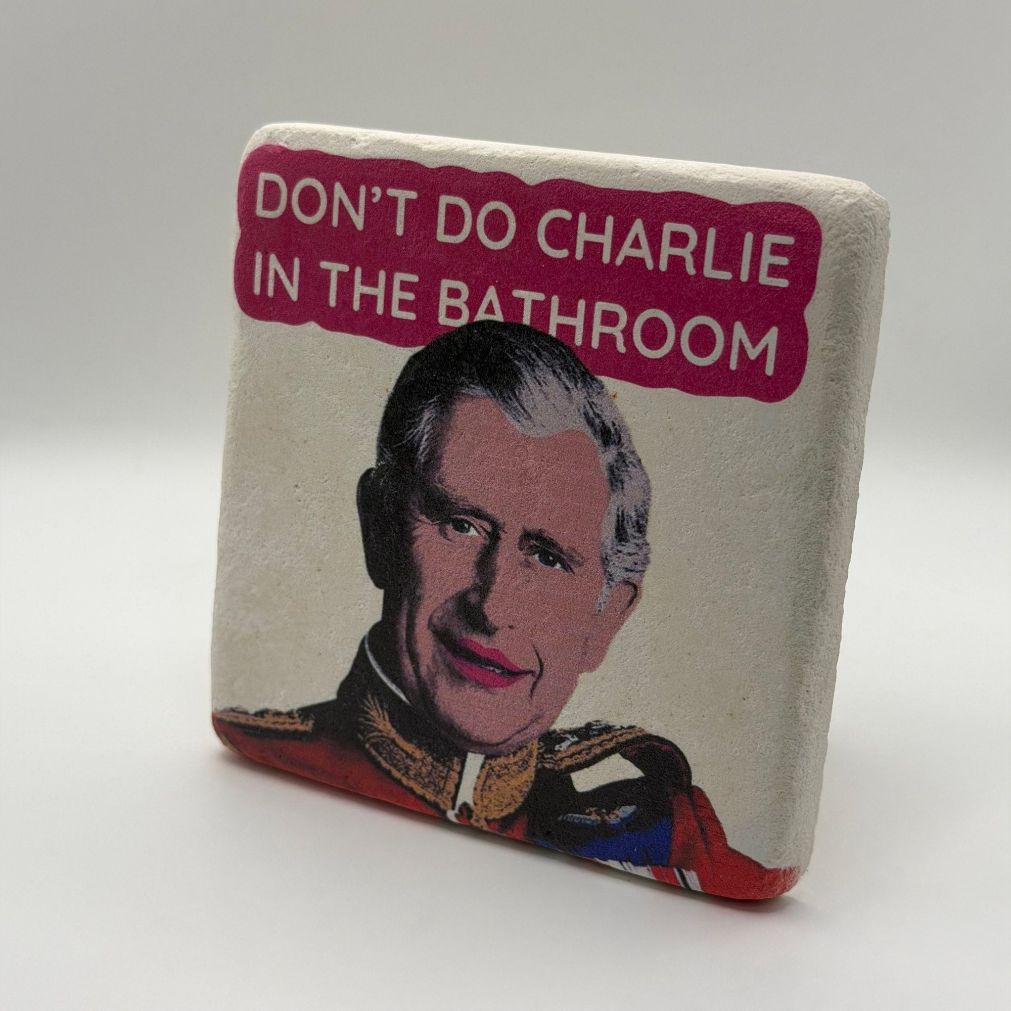Prince Charles portrait printed on square natural travertine stone coaster