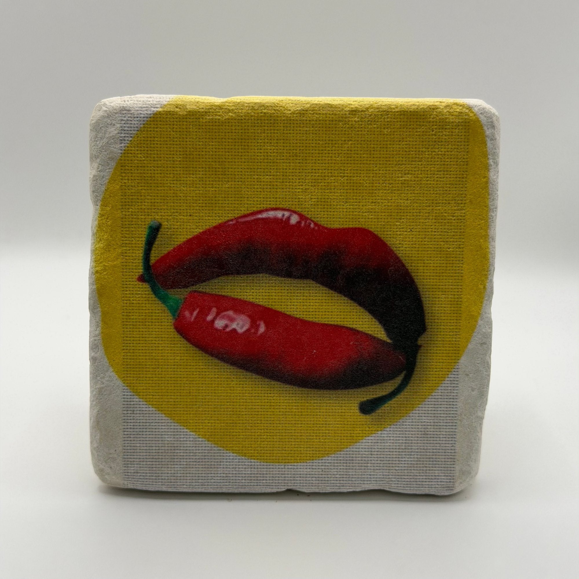 Chili pepper artwork printed on square travertine stone coaster