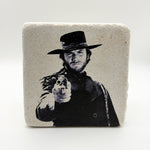 Clint Eastwood portrait printed on square travertine stone coaster