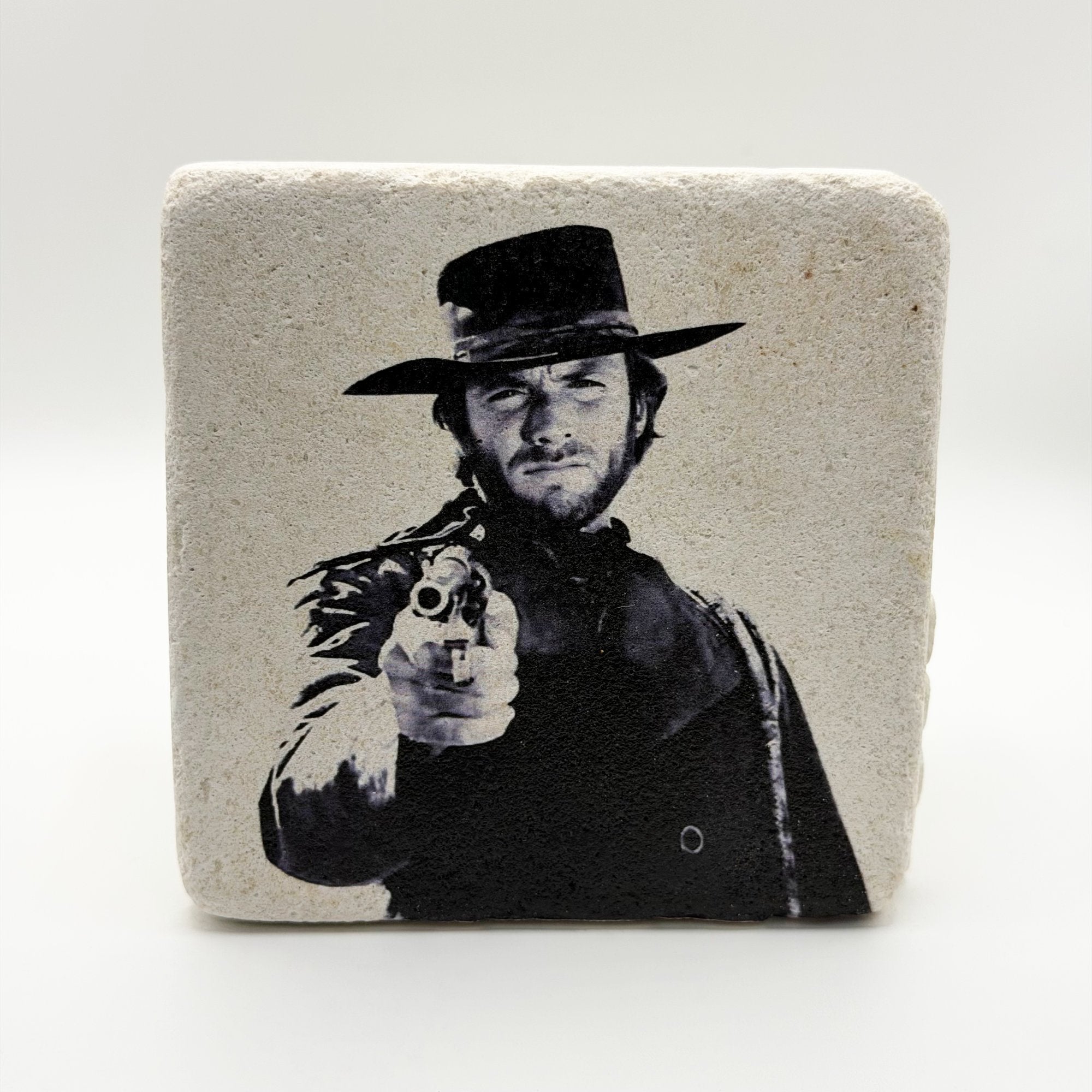 Clint Eastwood portrait printed on square travertine stone coaster