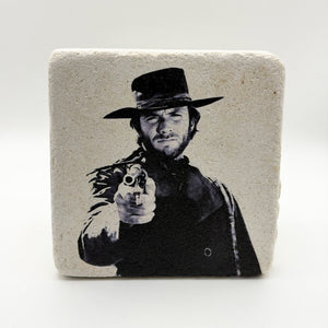 Clint Eastwood portrait printed on square travertine stone coaster