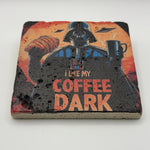I Like My Coffee Dark artwork printed on square travertine stone coaster