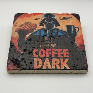 I Like My Coffee Dark artwork printed on square travertine stone coaster