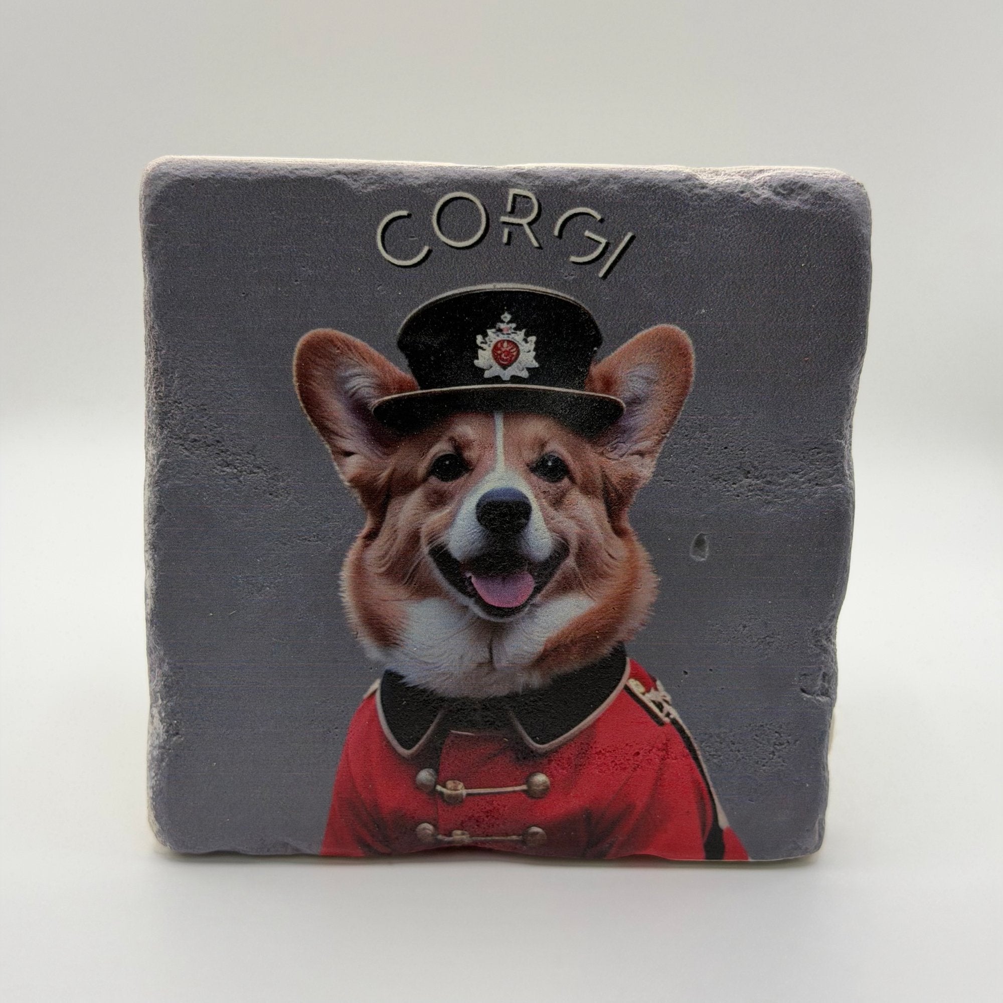 Illustration of a corgi printed on square travertine stone coaster