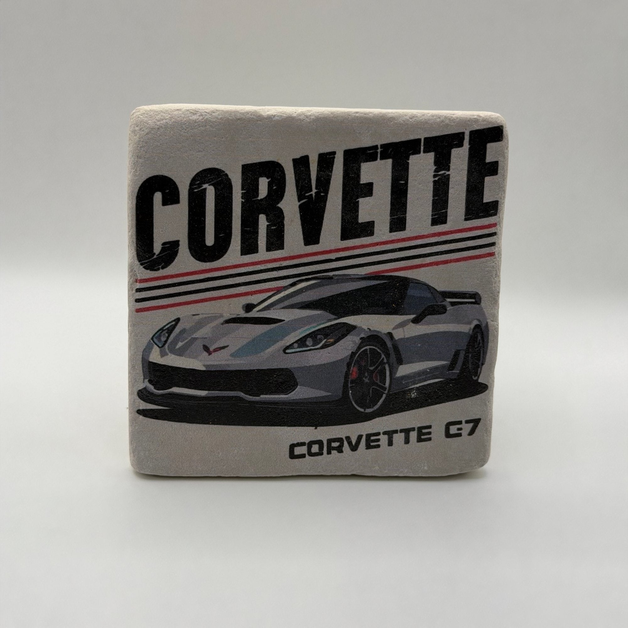 Classic Corvette G7 artwork printed on square travertine stone coaster