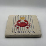 Colorful crab artwork printed on square travertine stone coaster