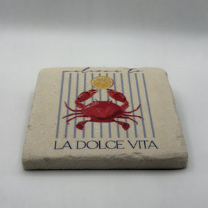 Colorful crab artwork printed on square travertine stone coaster