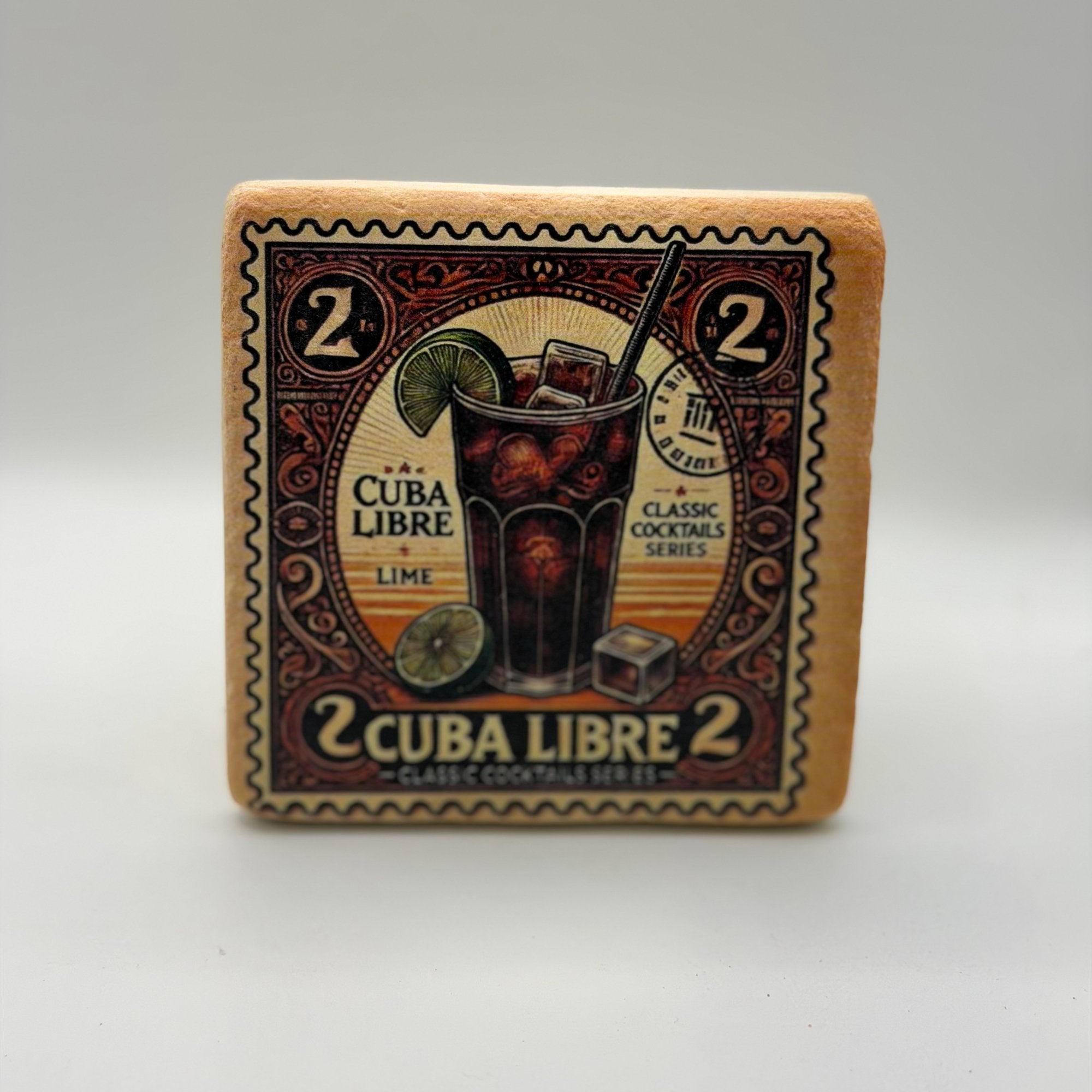 Cuba Libre artwork printed on square travertine stone coaster