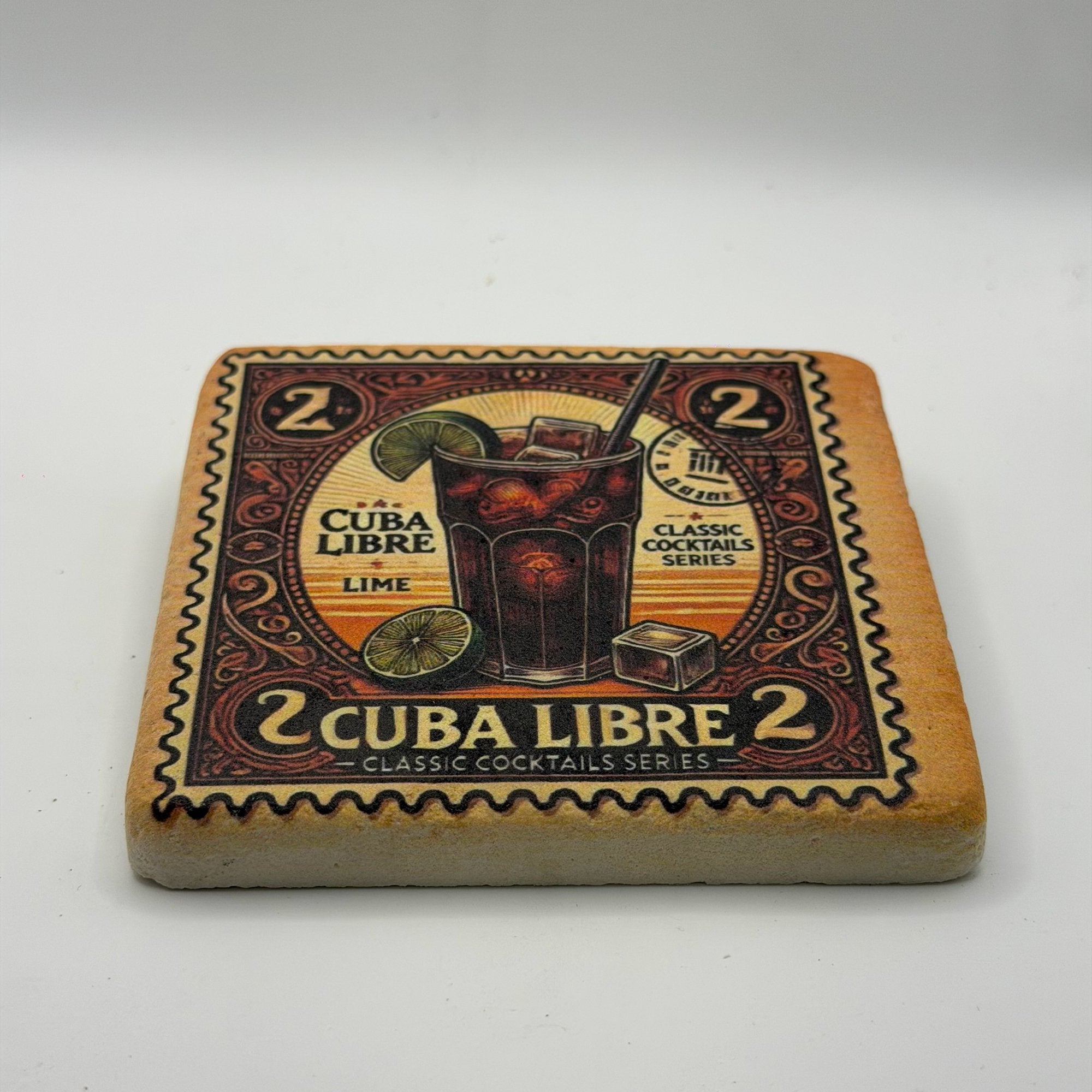 Cuba Libre artwork printed on square travertine stone coaster