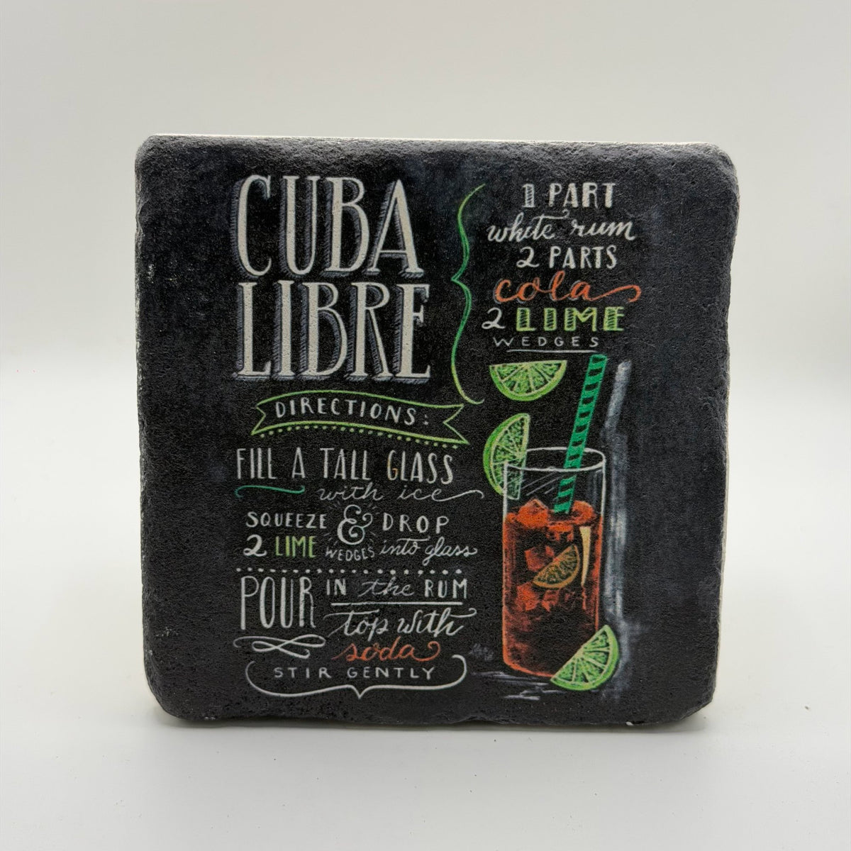 Vintage Cuba Libre artwork printed on square natural travertine stone coaster