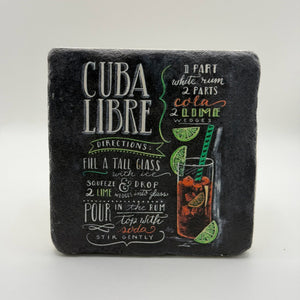 Vintage Cuba Libre artwork printed on square natural travertine stone coaster