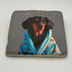 Dachshund artwork printed on premium natural travertine stone coaster