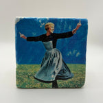 Dancing nun artwork printed on square natural travertine stone coaster