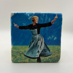 Dancing nun artwork printed on square natural travertine stone coaster