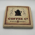 Vintage coffee-themed artwork printed on square travertine stone coaster