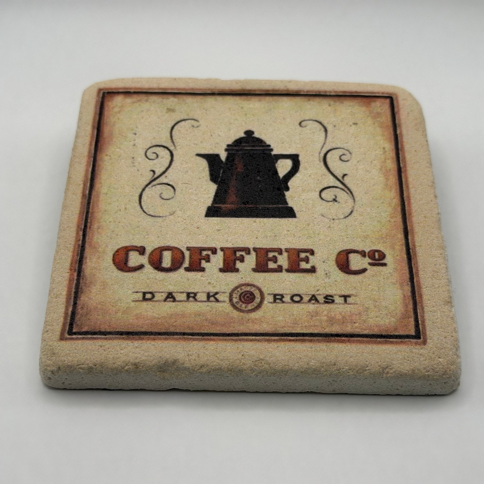 Vintage coffee-themed artwork printed on square travertine stone coaster