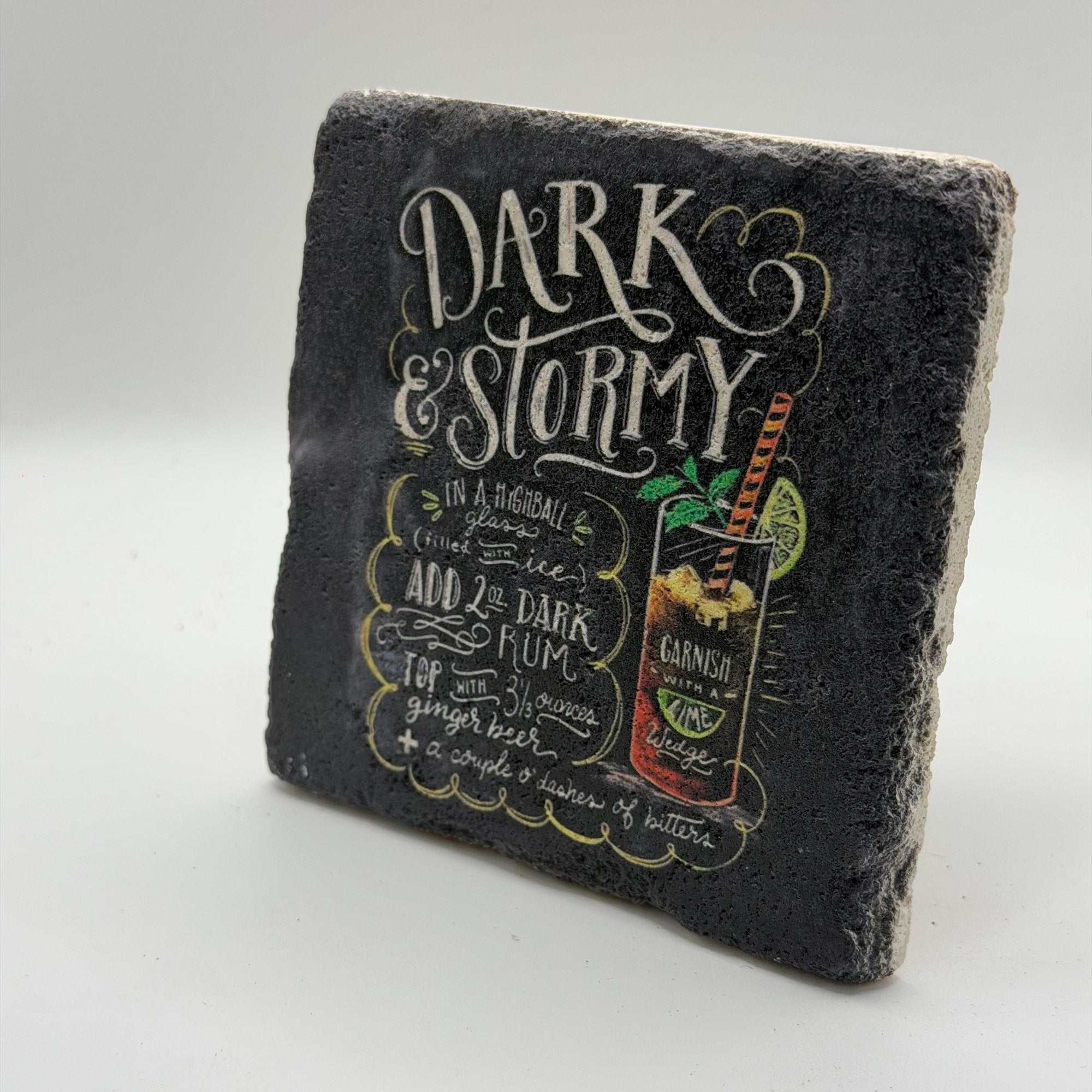 Dark Stormy artwork printed on square travertine stone coaster