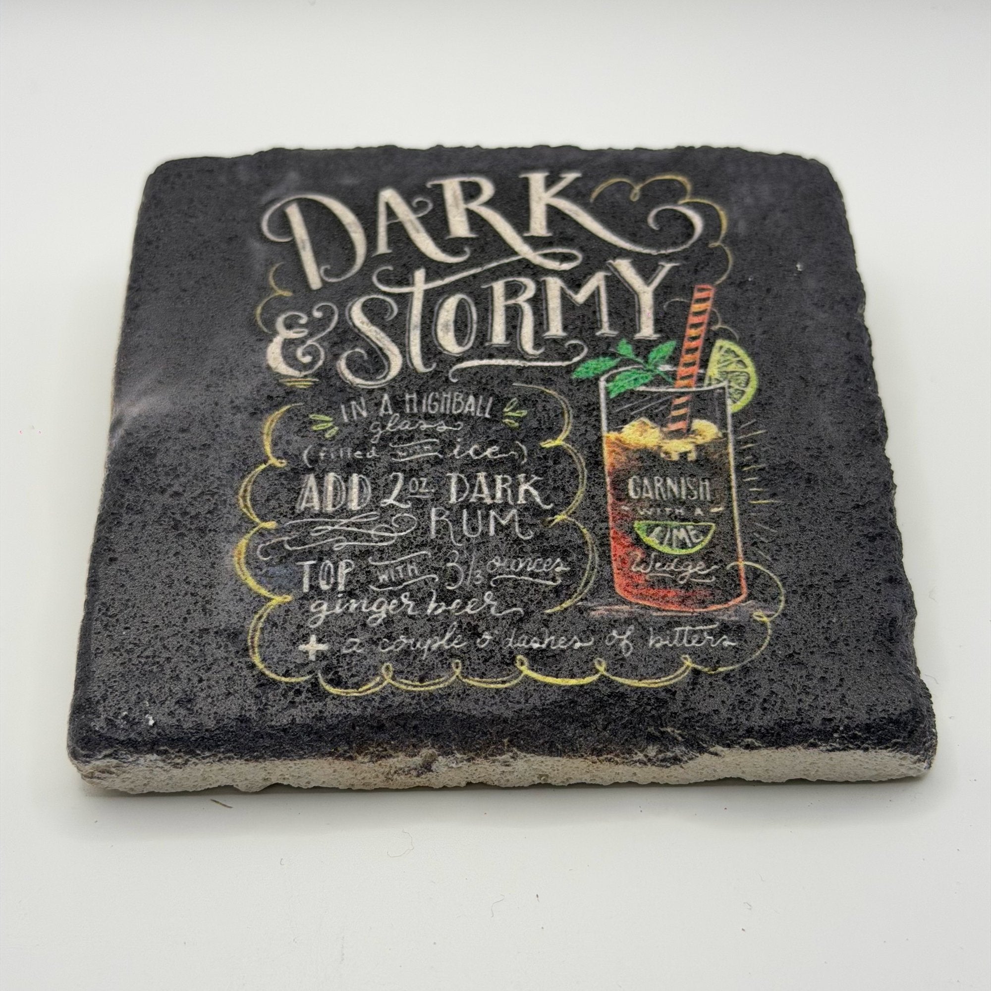 Dark Stormy artwork printed on square travertine stone coaster