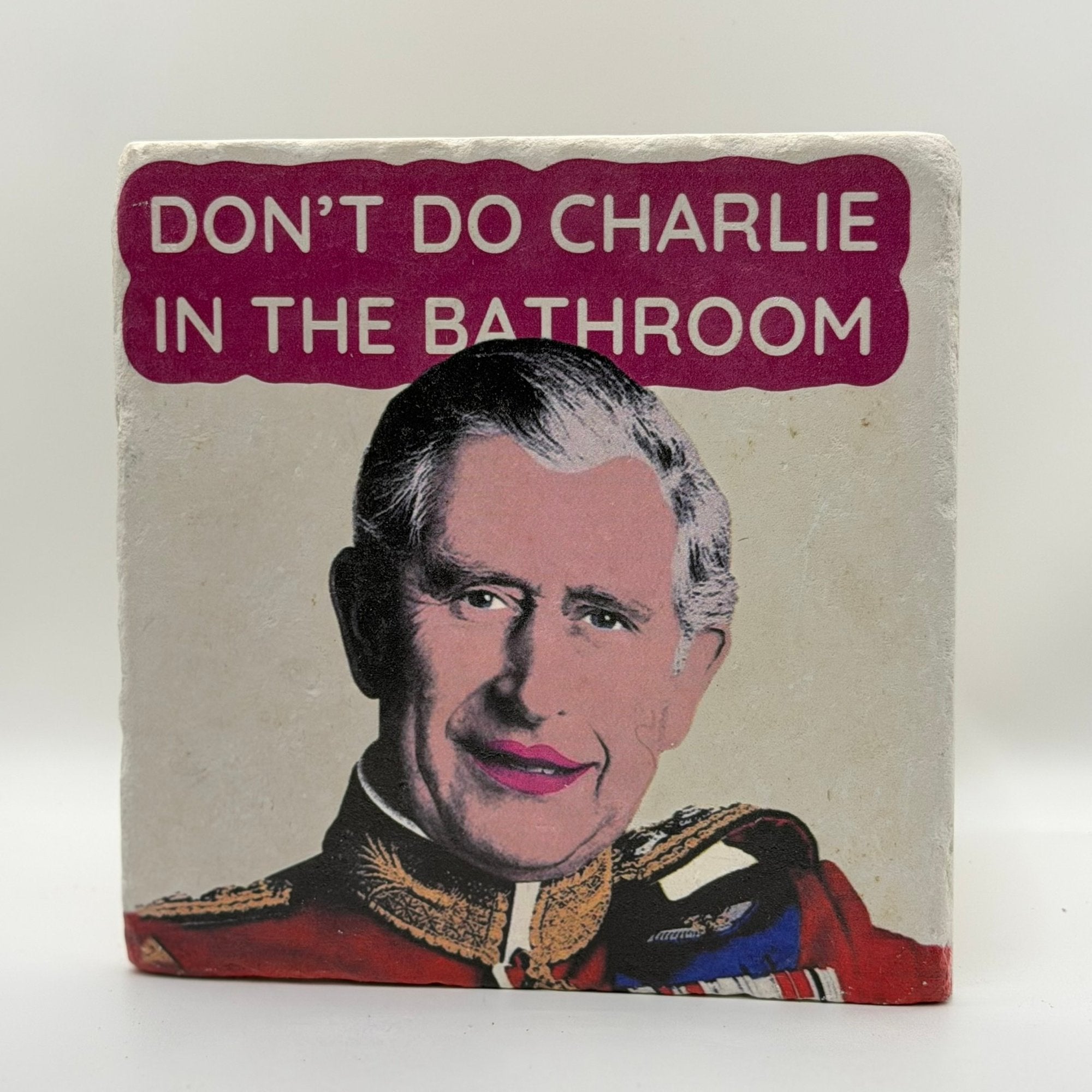 Dont Do Charlie In The Bathroom Natural Travertine Stone Hotpad artwork