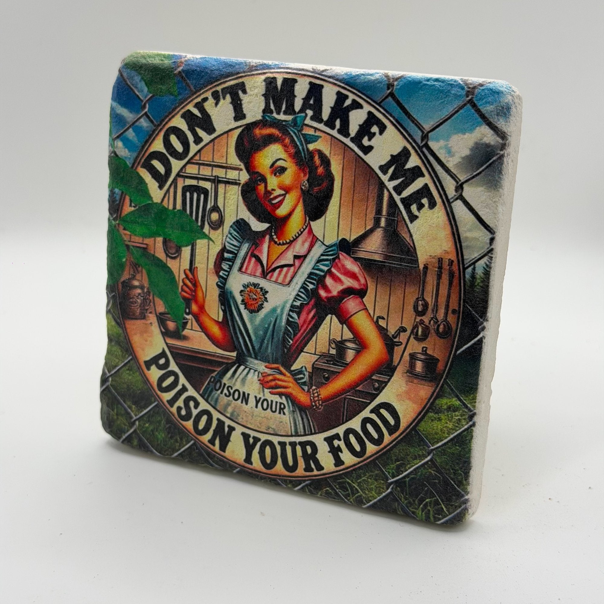 Funny quote printed on square natural travertine stone coaster