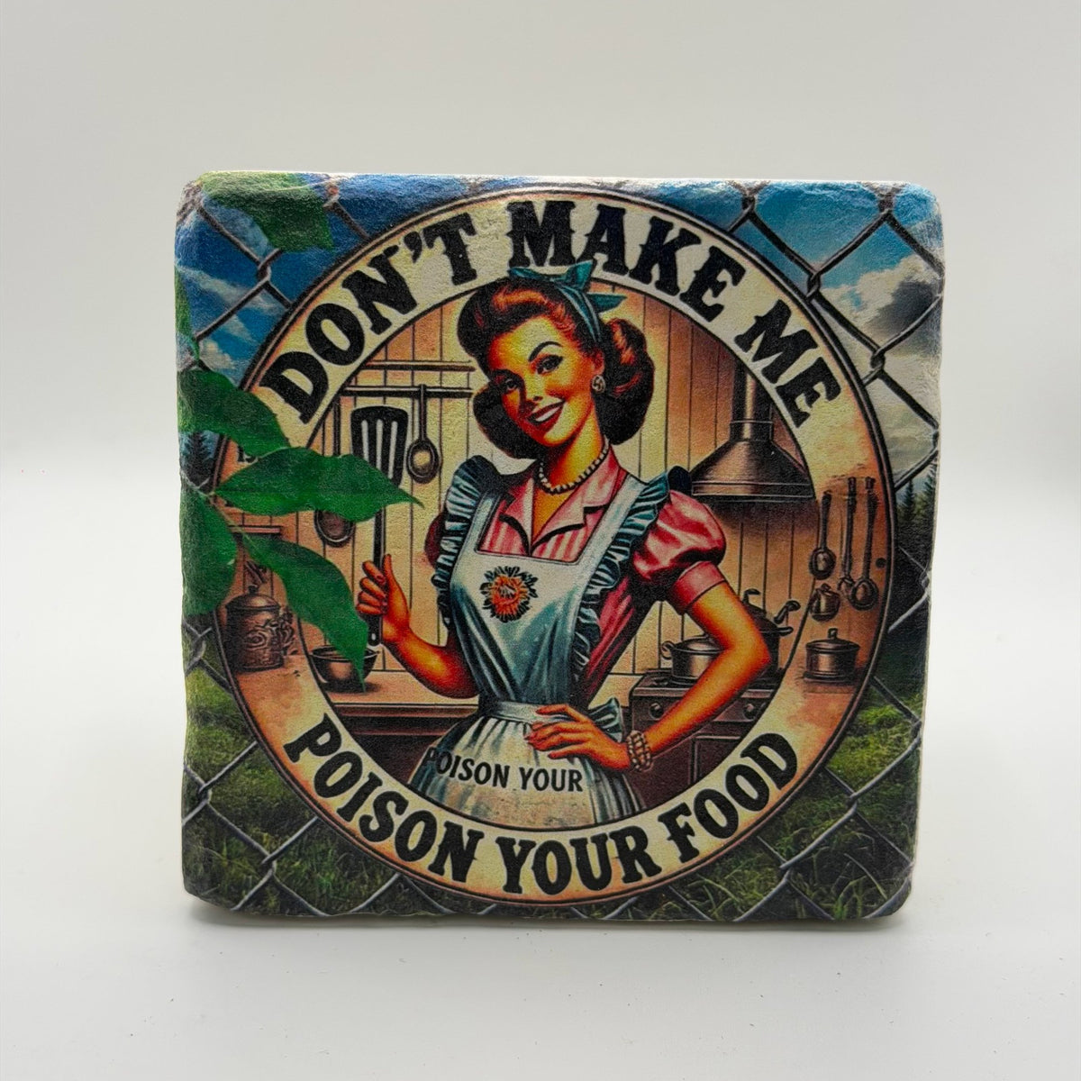 Funny quote printed on square natural travertine stone coaster