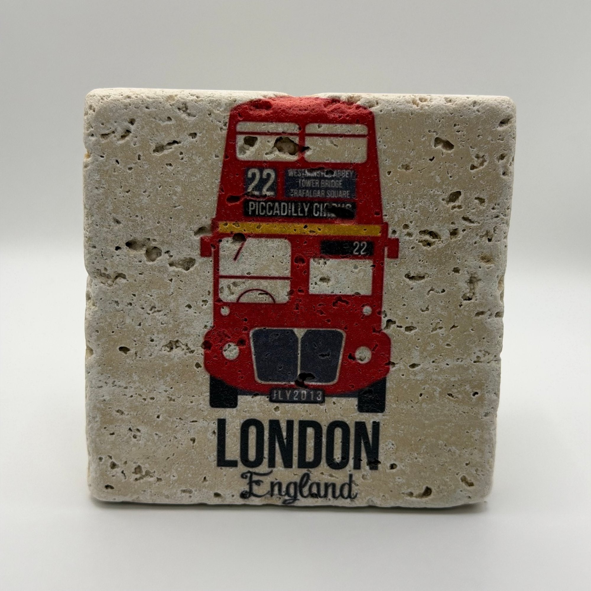 London Double Deck Bus artwork printed on square travertine stone coaster