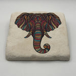 Cute elephant artwork printed on square travertine stone coaster