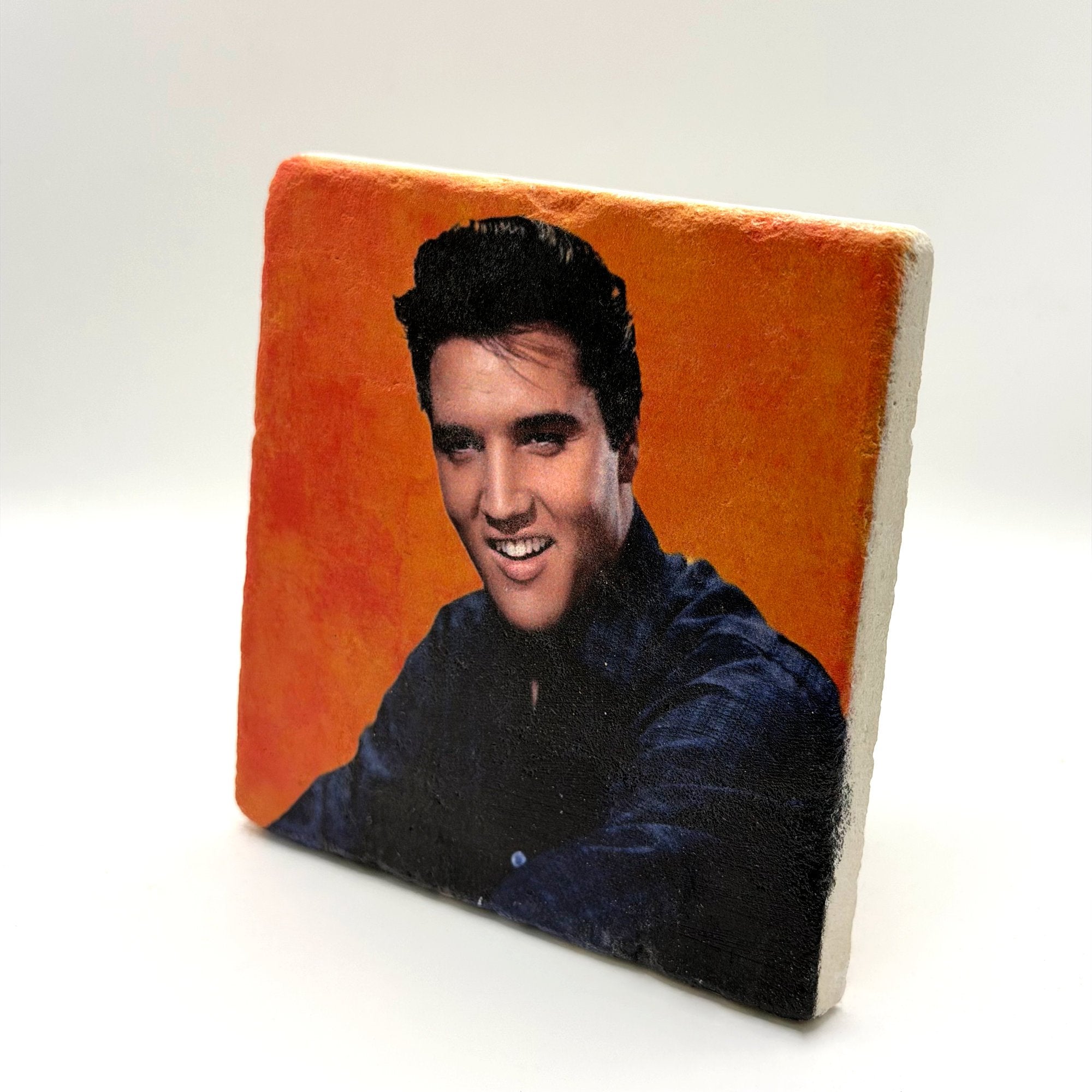 Elvis Presley portrait printed on square travertine stone coaster