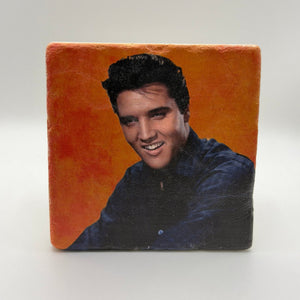 Elvis Presley portrait printed on square travertine stone coaster
