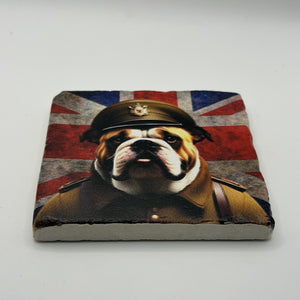 English Bulldog Natural Travertine Stone Coaster artwork