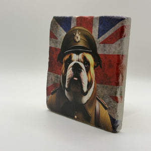 English Bulldog Natural Travertine Stone Coaster artwork