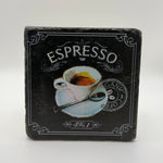 Vintage espresso artwork printed on square travertine stone coaster