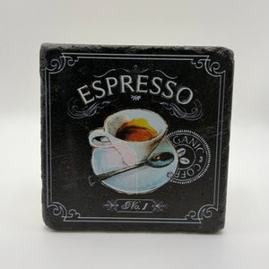 Vintage espresso artwork printed on square travertine stone coaster