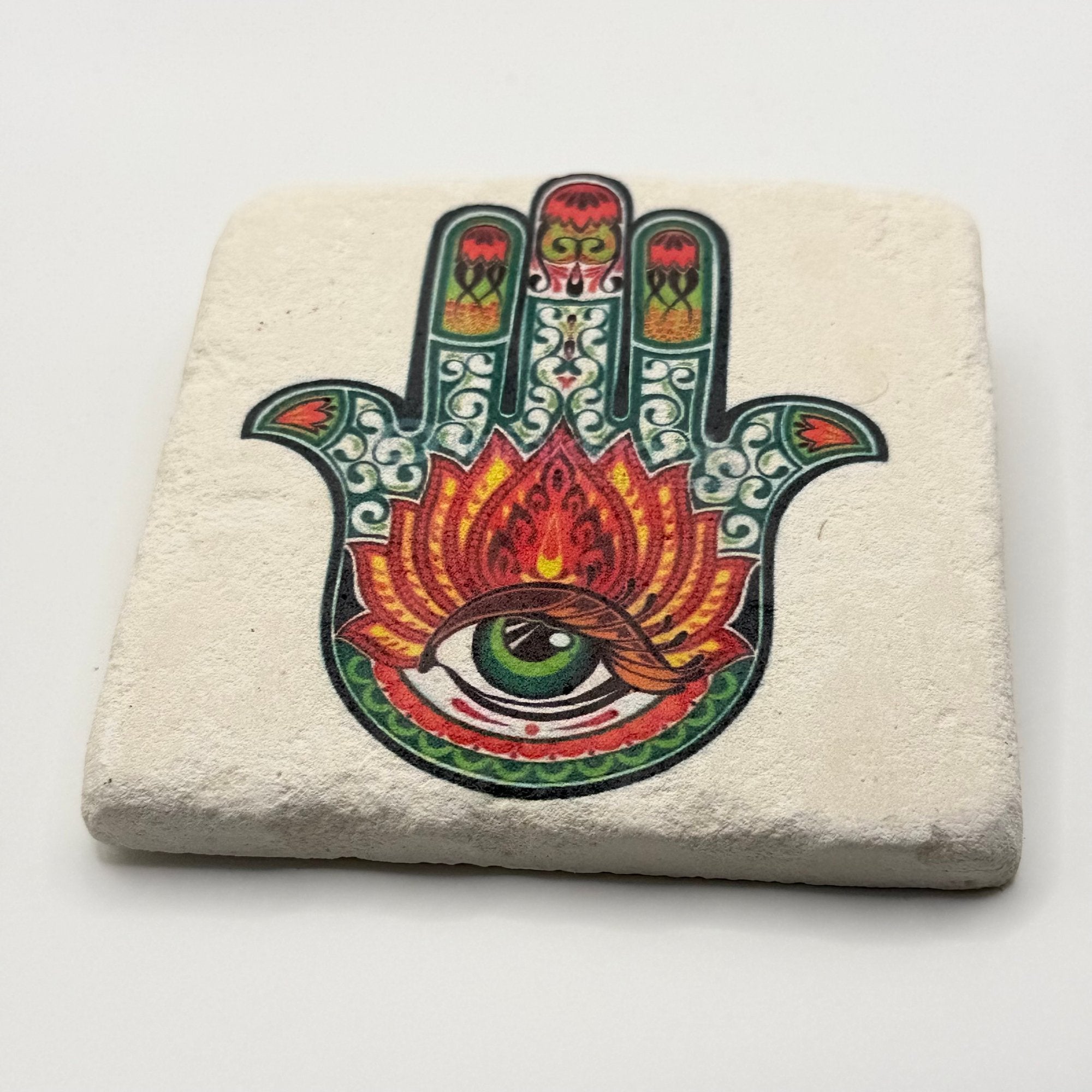 Fatima's Hand design printed on square travertine stone coaster