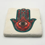 Fatima's Hand design printed on square travertine stone coaster