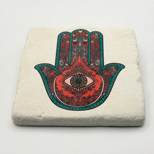 Fatima's Hand design printed on square travertine stone coaster