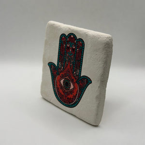 Green Fatima's Hand artwork printed on square travertine stone coaster